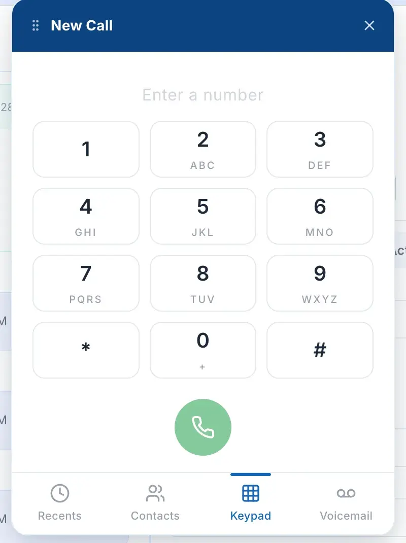 ScheduleDrop in-app calling keypad with Recents, Contacts, Keypad, and Voicemail tabs