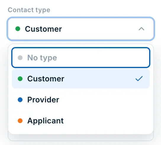 Contact type menu with No type, Customer, Provider, and Applicant options