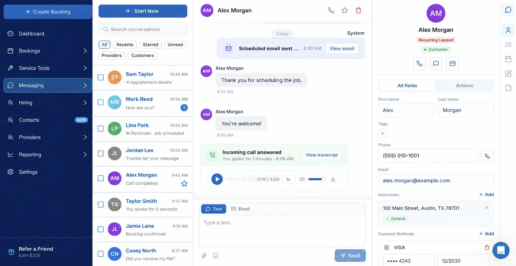 ScheduleDrop Conversations view with fictional contacts, filters, call history, and customer details