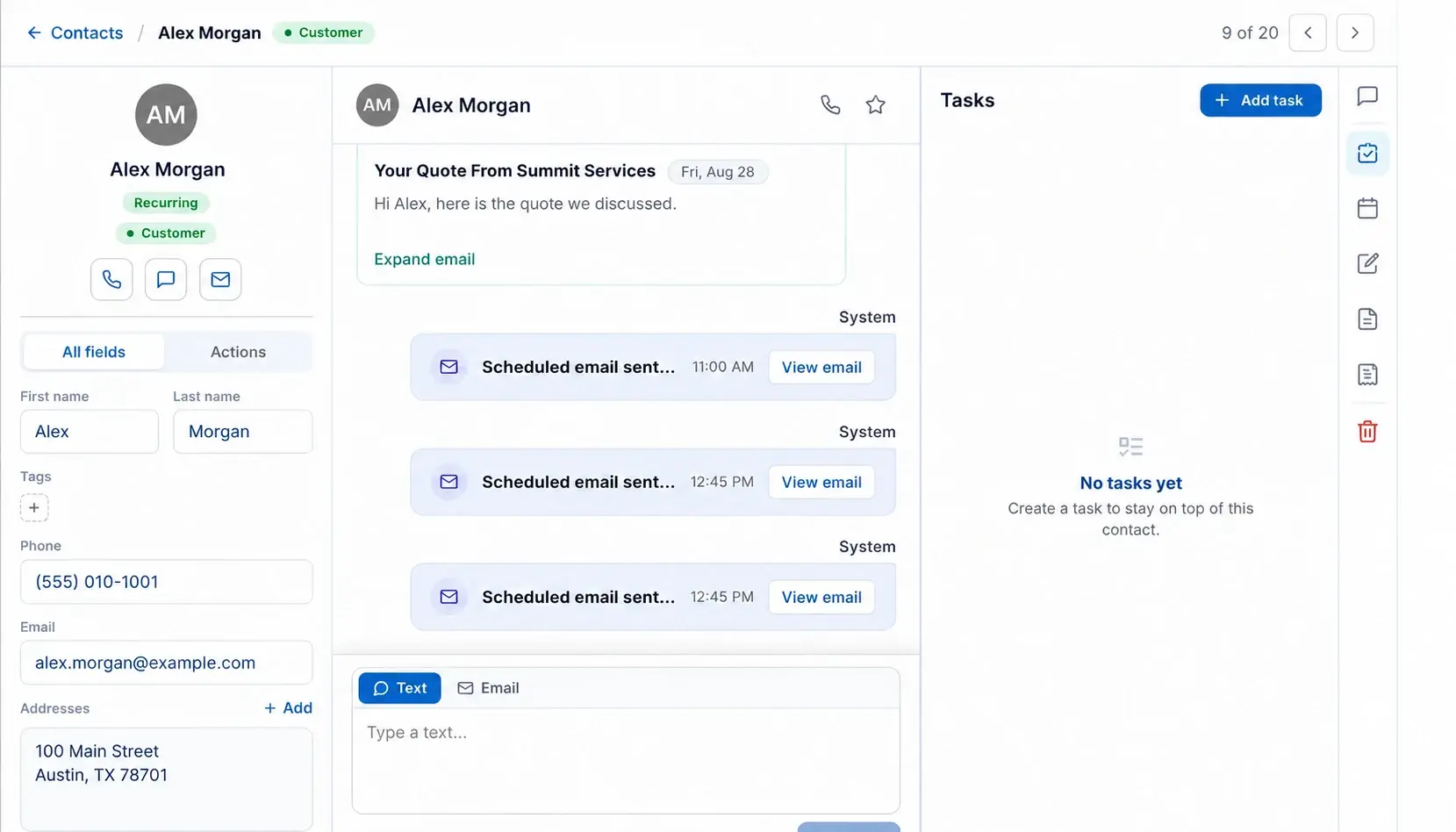 Customer workspace with contact details, conversation history, task tools, and the complete right-side navigation