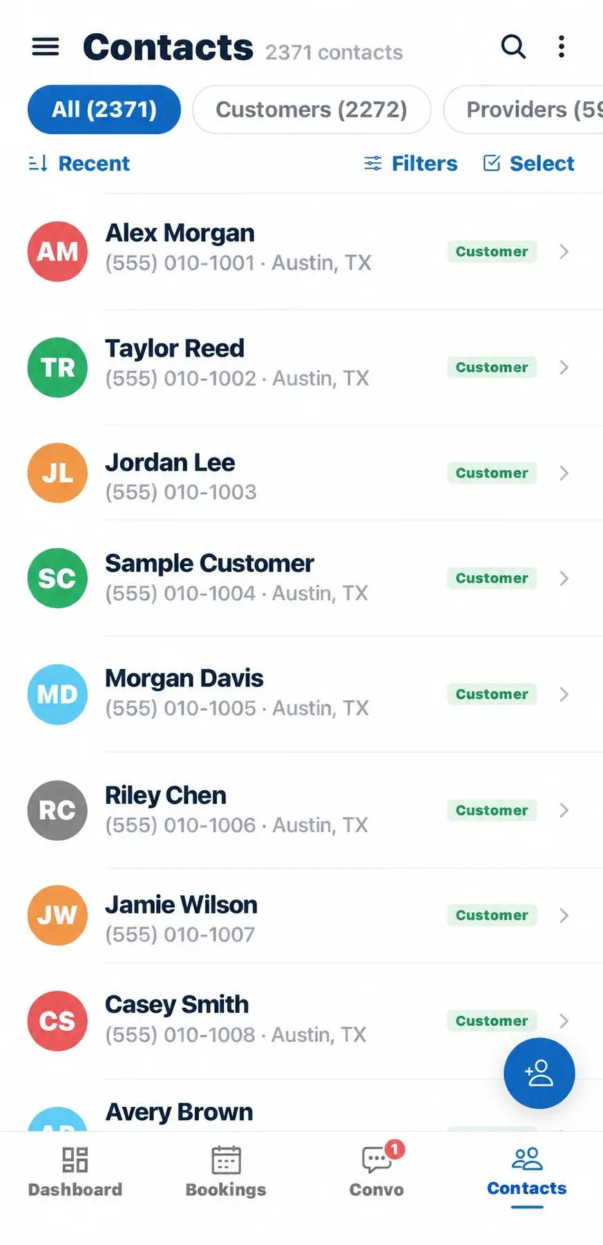 ScheduleDrop mobile Contacts screen with All, Customers, Providers, and Applicants filters