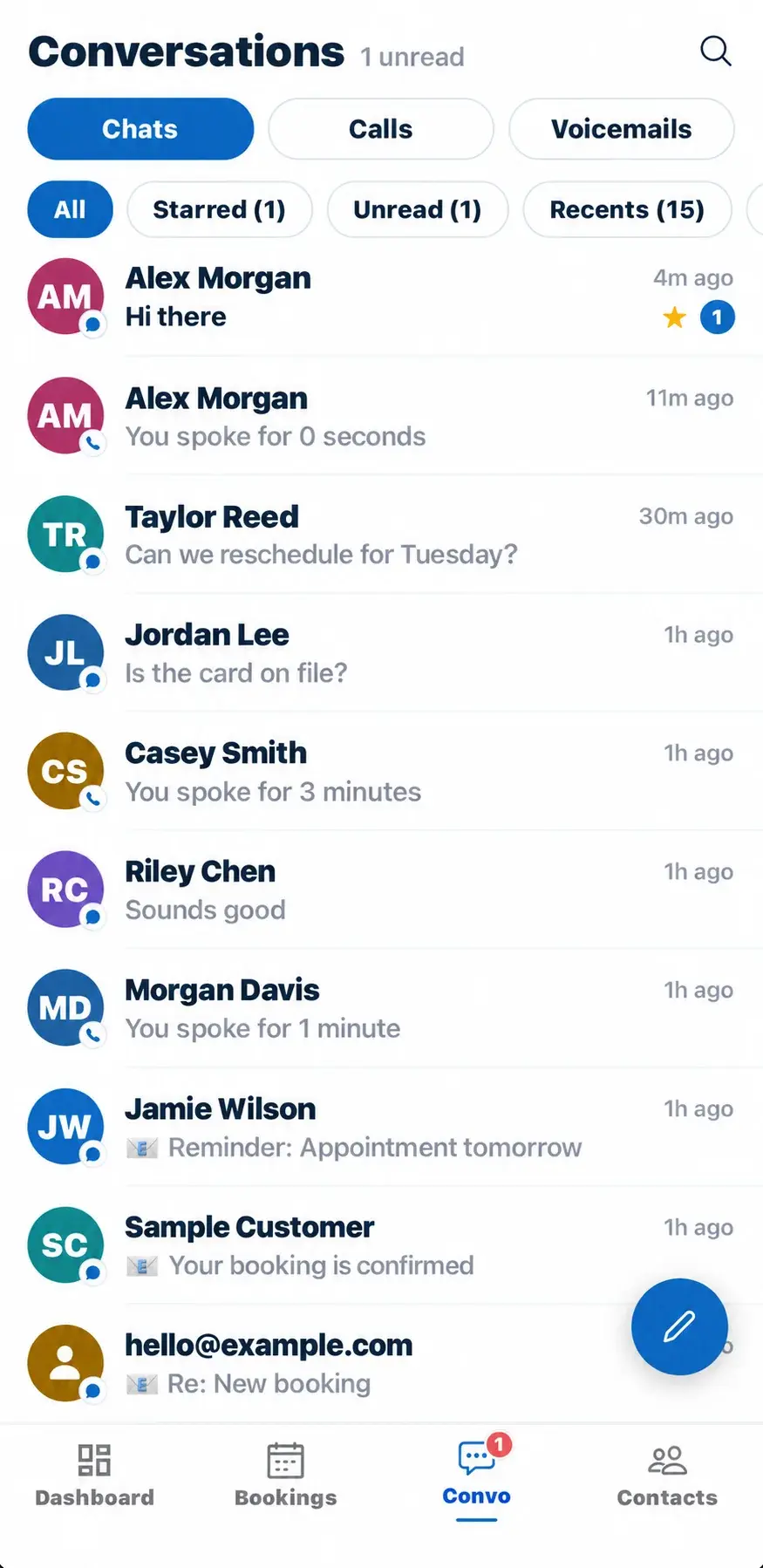 ScheduleDrop mobile Conversations screen with Chats, Calls, and Voicemails tabs