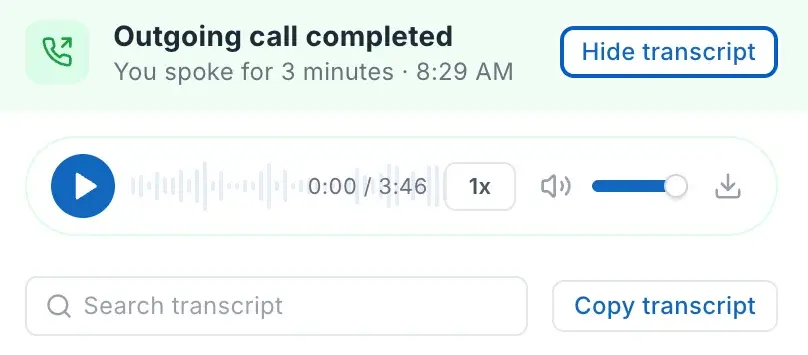 Completed call with recording playback, download, transcript search, and copy controls