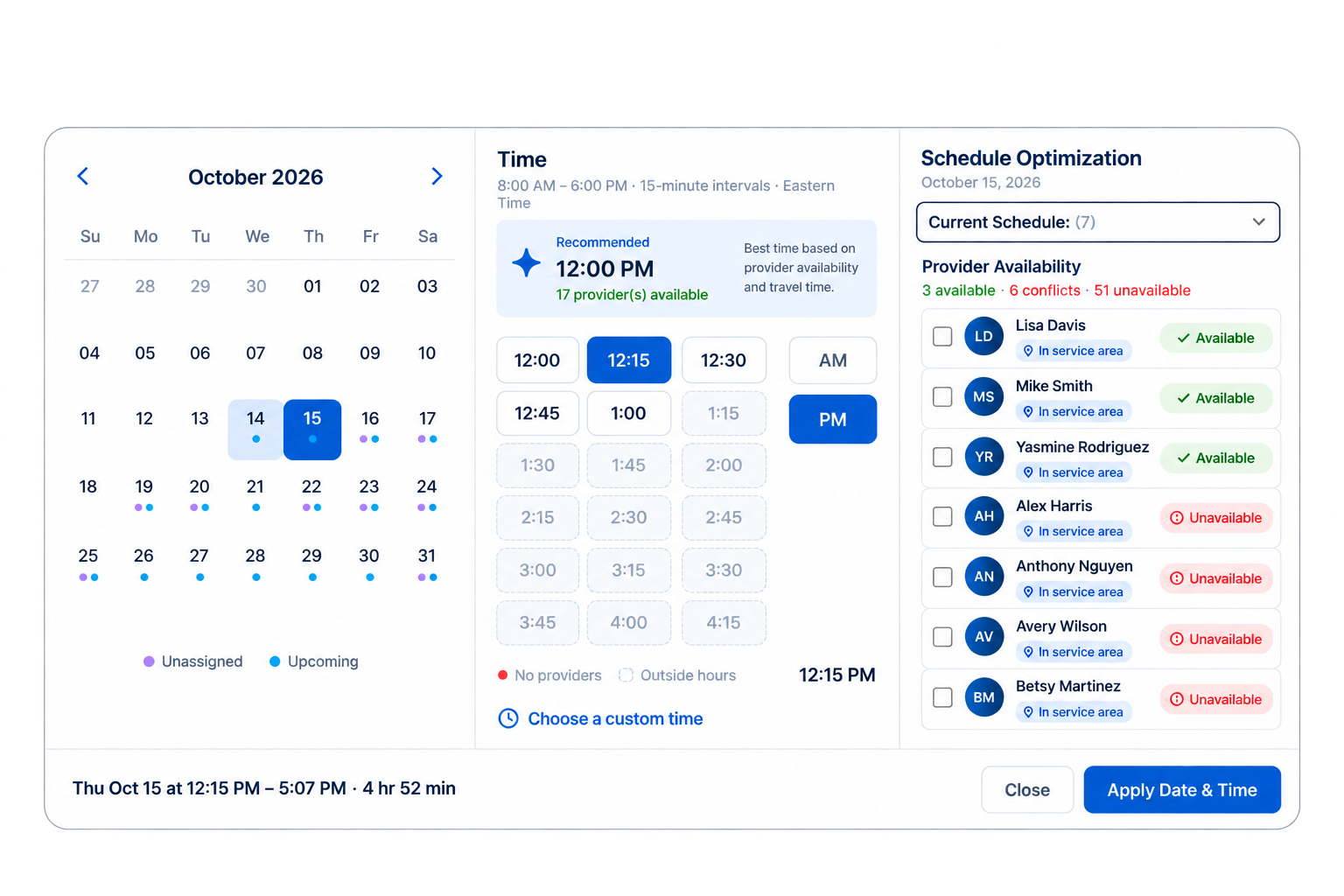 ScheduleDrop schedule optimizer showing recommended job times and provider availability