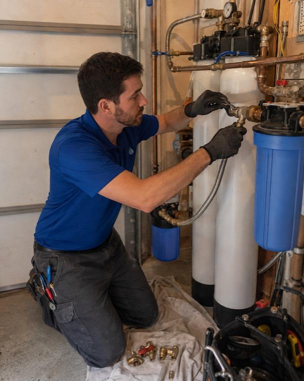 Technician installing a home water filtration system