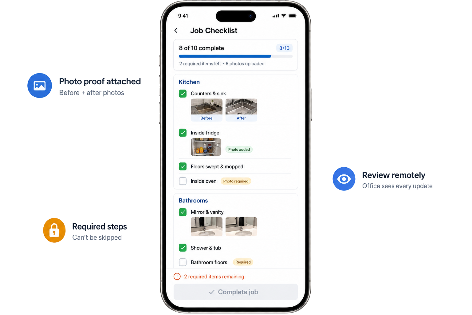Mobile commercial cleaning checklist with required steps and before-and-after photo proof