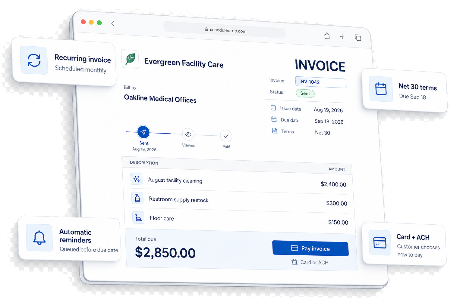 Commercial cleaning invoice with recurring billing, payment terms, reminders, and payment options