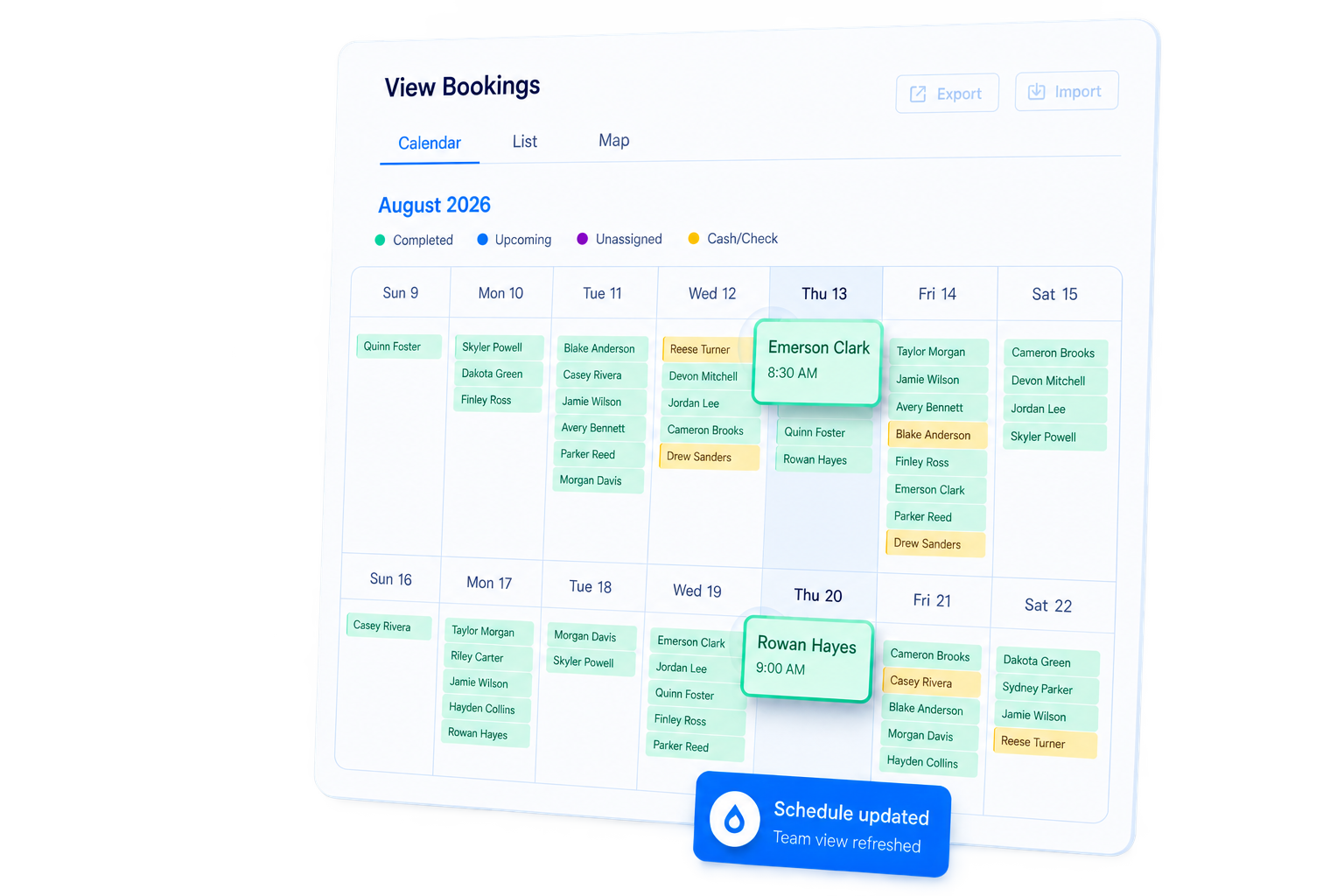 ScheduleDrop two-week calendar showing jobs moved to new dates