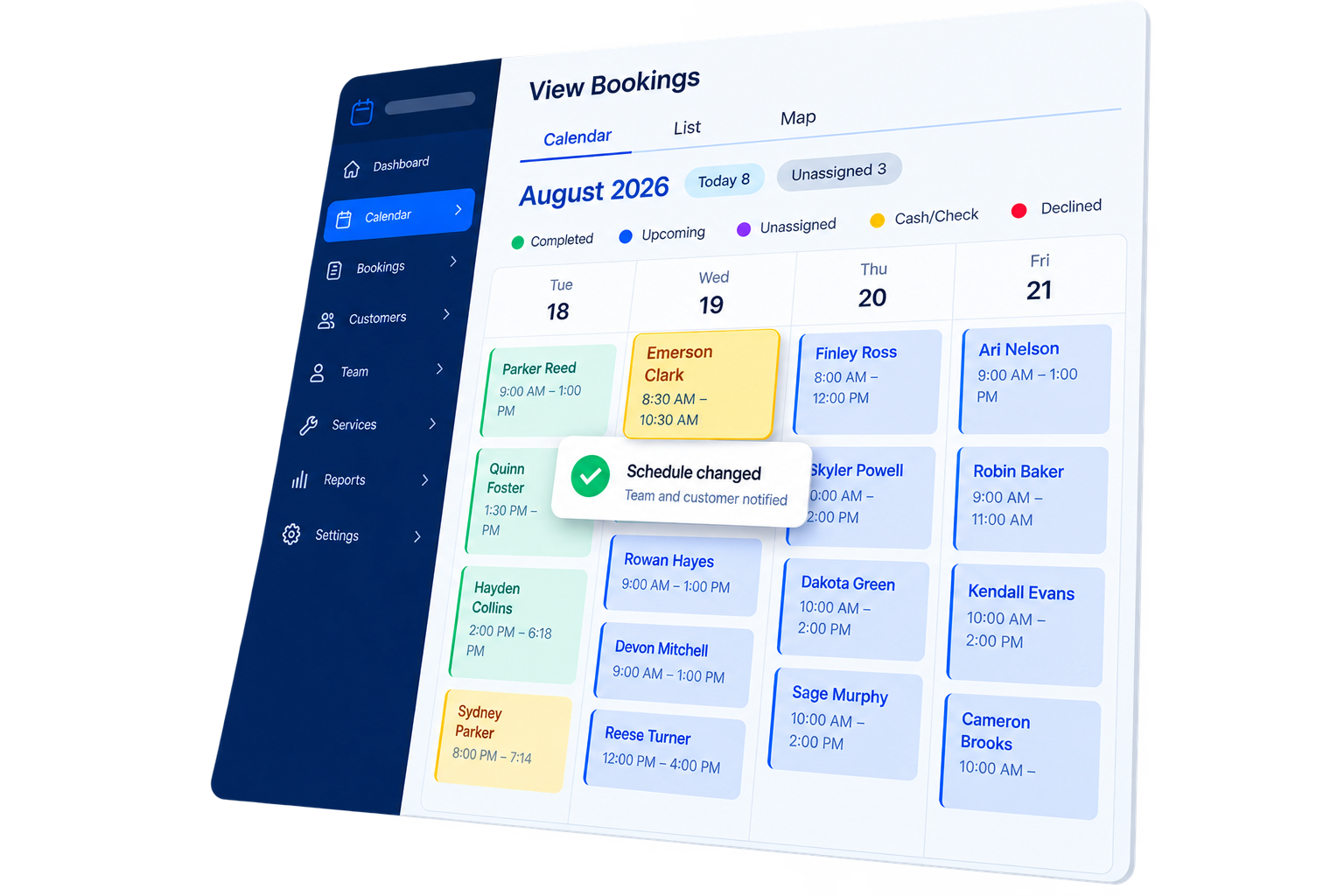 ScheduleDrop View Bookings calendar with a moved job and update confirmation